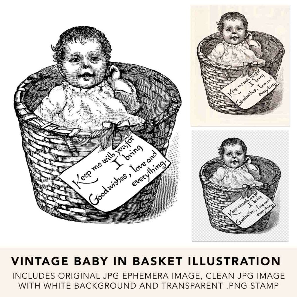 Vintage Baby In Basket Illustration Ephemera