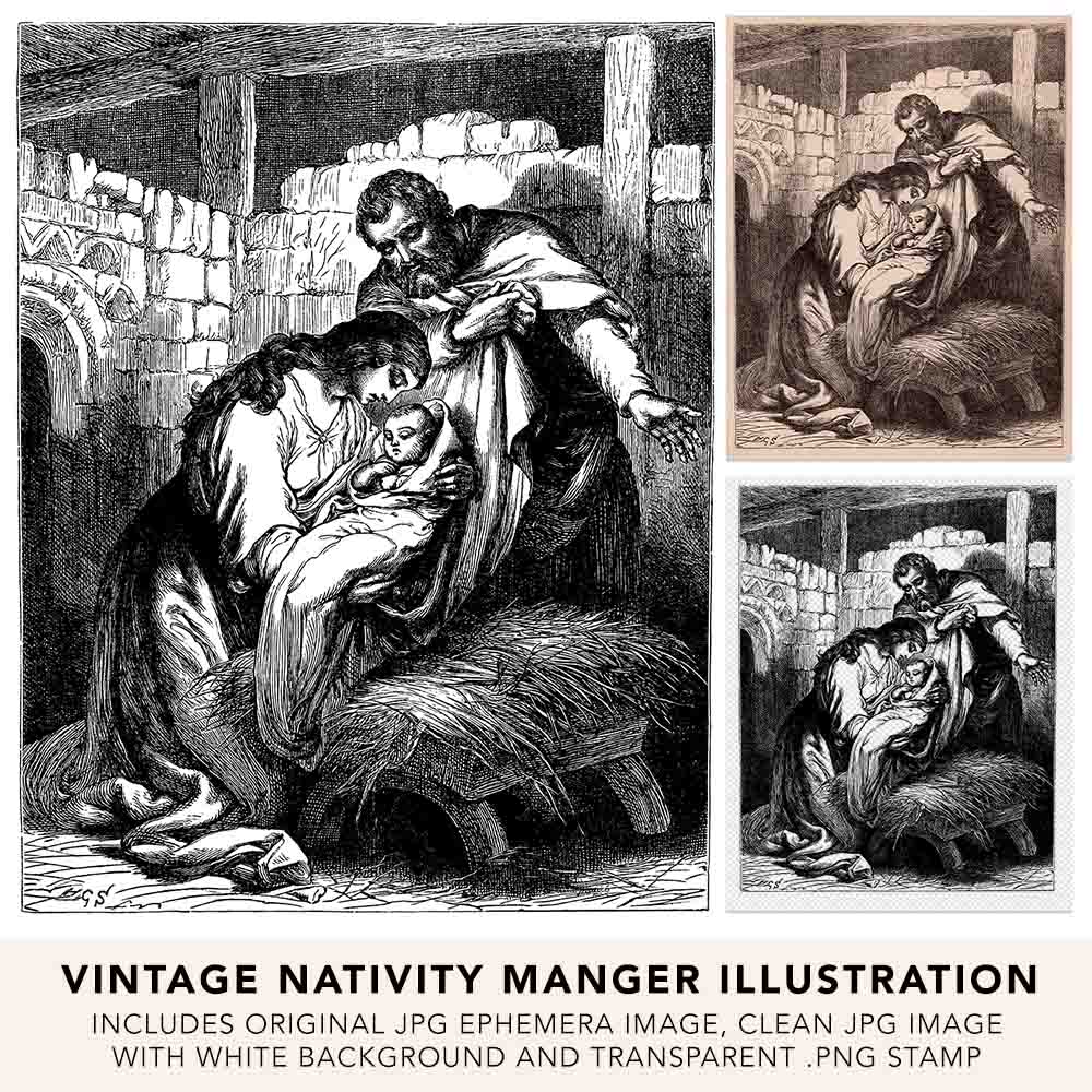 Vintage Nativity Manger Illustration